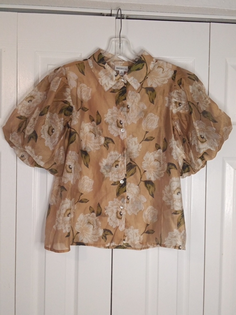 Bailey 44 Blouse Cream Floral  Semi Sheer Button Down Puff Sleeve